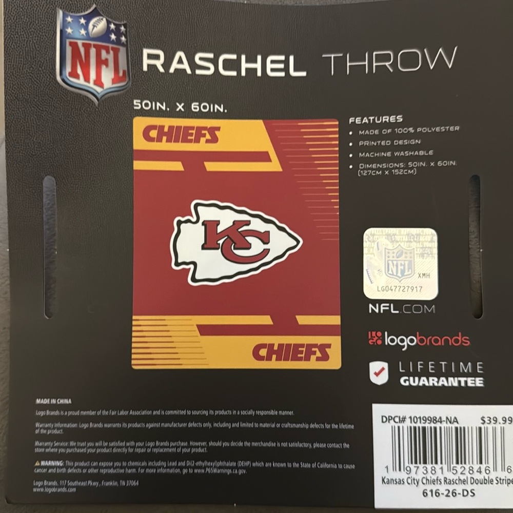 NFL Kansas City Chiefs Raschel 50" by 60"